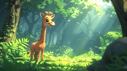 Obraz premium A giraffe stands amidst a lush forest, surrounded by numerous green plants Sunlight filters through the trees