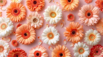   A collection of orange and white blooms atop a pink backdrop, brimming with numerous orange and white flowers