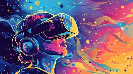 User experiencing virtual reality with galactic visuals. Colorful illustration for entertainment and gaming concept