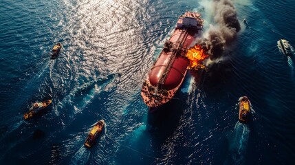 Dramatic aerial view of burning cargo ship surrounded by rescue boats in deep blue sea, emergency response in action, maritime disaster theme.