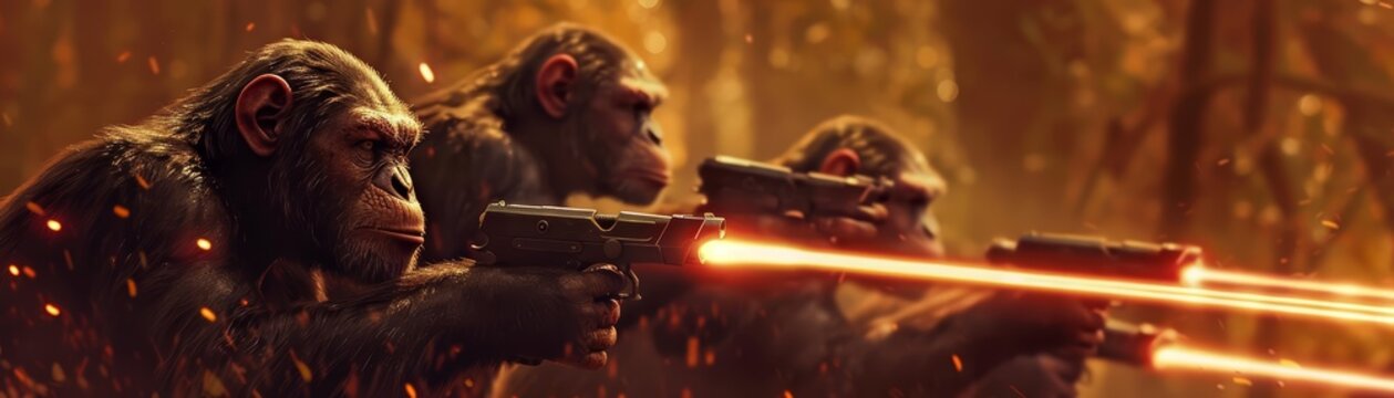 A troop of chimpanzees, clad in bulletproof armor, charges into battle against poachers with laser guns that fire with pinpoint accuracy