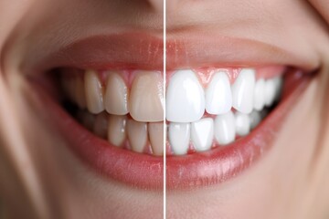 A woman's teeth with one being clean and the other being dirty