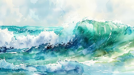 A watercolor ocean wave crested gently, its foam captured in shades of blue and green, rising from the white canvas as if about to break