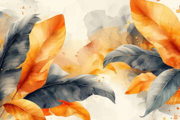 Watercolor autumn leaves, reds and oranges, gold tones, on cream background, detailed in the style of various artists. Created with Ai