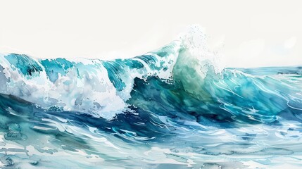 A watercolor ocean wave crested gently, its foam captured in shades of blue and green, rising from the white canvas as if about to break - obrazy, fototapety, plakaty