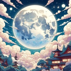 Anime-Style Illustration: Full Moon and Clouds