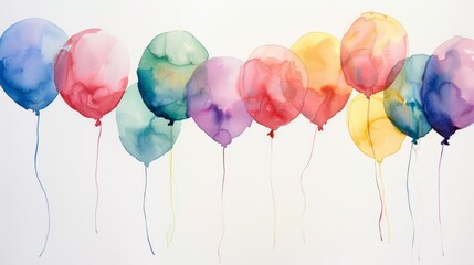 A whimsical watercolor painting featured a cluster of colorful balloons floating effortlessly into the sky, each tethered to an invisible string on the white canvas - obrazy, fototapety, plakaty