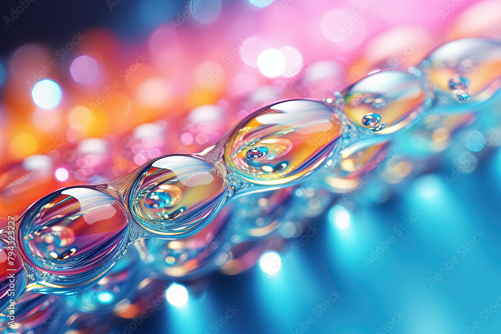 Poster Pink holographic bubbles floating on the soft colorful abstract background in beautiful vivid tones.