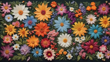 Fototapeta na wymiar Multifaceted Floral Tapestry, Top-Down View of a Diverse Array of Flowers Forming a Stunning Floor Background.