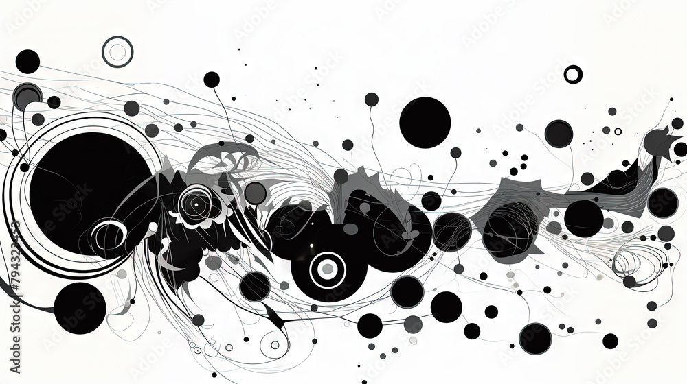 Poster geometric abstract background with black dots, circles and lines.