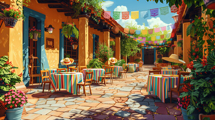 An outdoor fiesta with tables adorned with Mexican decorations and sombreros, Cinco de Mayo, Graphic vector style