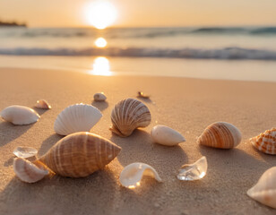 Fototapeta na wymiar Good Morning: Seashell Composition on Sandy Beach with Rising Sun Over Sea