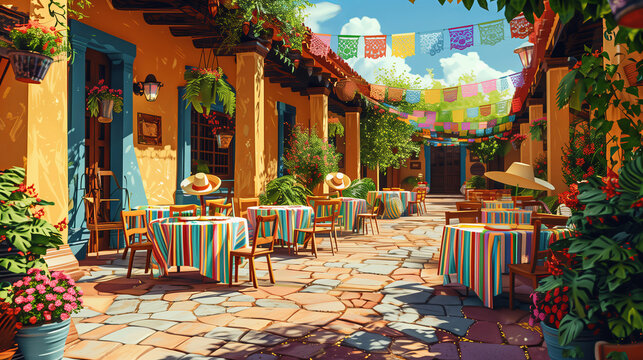 An outdoor fiesta with tables adorned with Mexican decorations and sombreros, Cinco de Mayo, Graphic illustration style