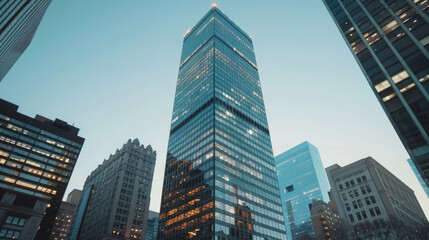 Obraz premium A city skyline with a tall building in the middle