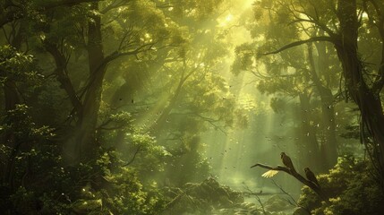 Serene Forest Symphony: Sunlight Filtering Through Trees with Melodious Birdsong