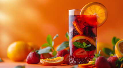 A tall glass of fruit-infused iced tea, garnished with orange, strawberries, and a sprig of mint, against an orange backdrop.
