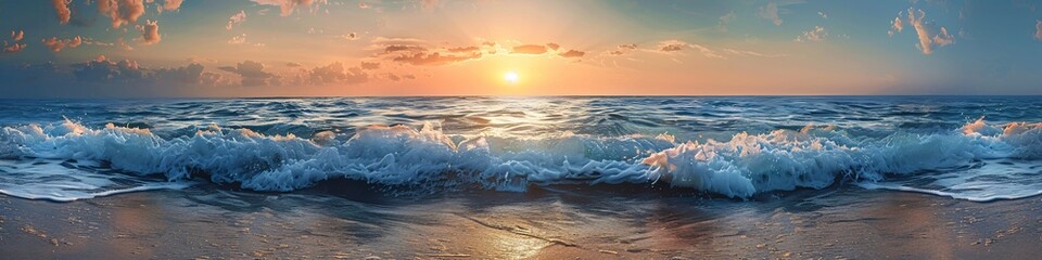 Sunset over a serene beach with rolling waves under a cloudy sky.