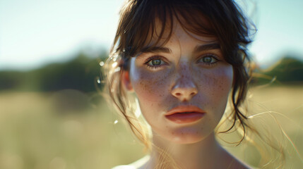 Young woman with freckles looking directly at the camera.