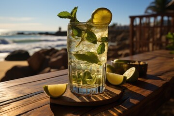 Mojito de Cachaça in Bar by the Seaside., generative IA