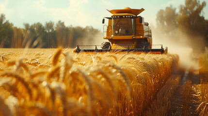 A combine harvester harvesting ripe wheat in a rural field. - obrazy, fototapety, plakaty
