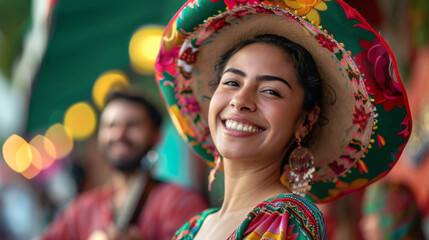 Traditional Mexican Dancers in Folkloric Attire Under Vibrant Backdrop. Cinco de Mayo festive...