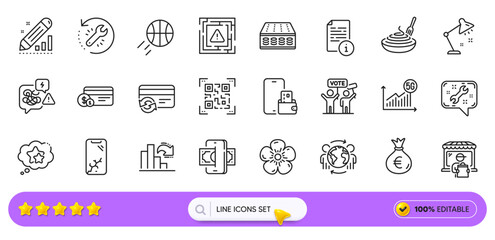 Stress, Qr code and Decreasing graph line icons for web app. Pack of Natural linen, Manual, Pasta dish pictogram icons. Table lamp, Spanner, Ranking stars signs. Change card, Mattress. Vector
