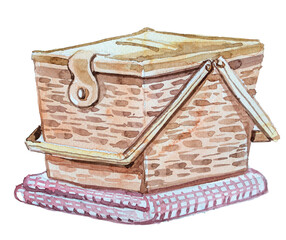 Empty wicker basket illustration.Watercolor basket clipart isolated on white.