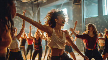 A group of people are dancing and smiling in a room