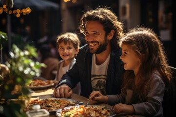 Family delighting with Italian outdoor food., generative IA