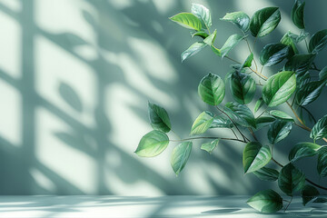 A closeup of green leaves and vines against the backdrop of a white wall, with sunlight casting shadows on it. Created with Ai