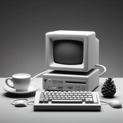 Ein schwarz weiß Foto eines kleinen lustigen Computers