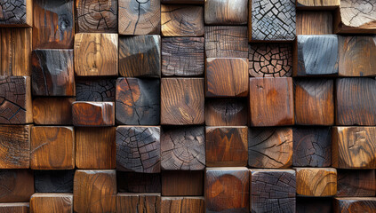 Wooden blocks with natural textures arranged in an artistic pattern. Created with Ai