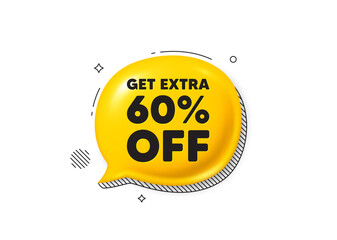 Get Extra 60 percent off Sale. Comic speech bubble 3d icon. Discount offer price sign. Special offer symbol. Save 60 percentages. Extra discount chat offer. Speech bubble comic banner. Vector