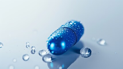 Close-up macro shot of a blue capsule with water droplets on a reflective surface.