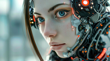 A woman with a robotic face and a helmet