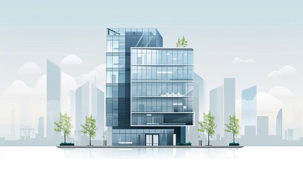 Modern glass office building with greenery on light blue background. Digital illustration of urban architecture.