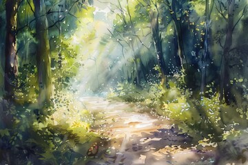 An enchanting forest path rendered in light watercolors, with dappled sunlight filtering through delicate leaves creating a dreamy atmosphere