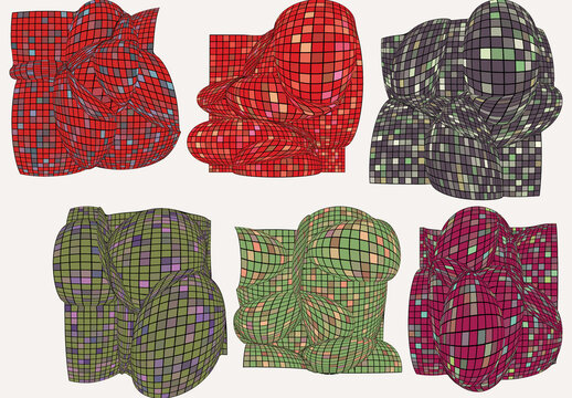 Set of Colored Geometric 3D computer modeled wire frame futuristic objects