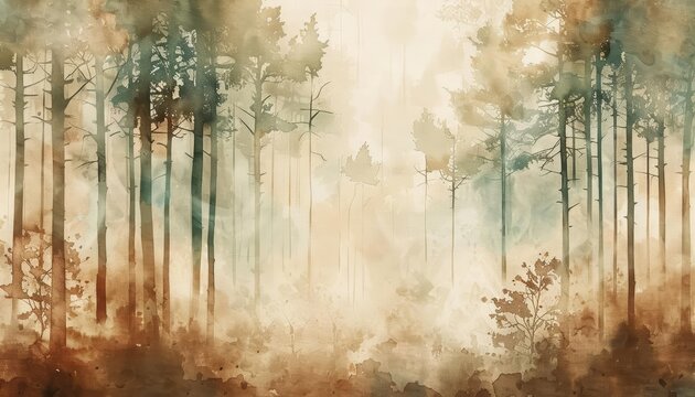 An ethereal watercolor forest emerged, the trees fading into mist, their trunks and leaves a palette of greens and browns against the white
