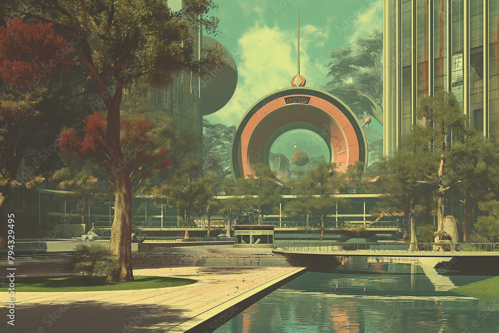 Poster retrofuturistic landscape in mid-century sci-fi style. retro science fiction scene with futuristic c