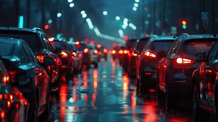 Cars are stuck in a traffic jam on a rainy evening