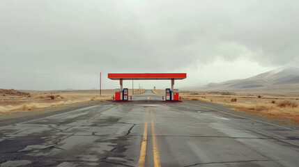 A deserted road with a red gas station in the middle