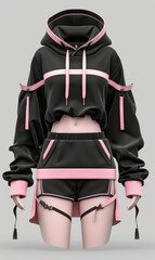 Girly Japanese hoodie uniform 3d designed, front view ad mockup, isolated on a white and gray background.