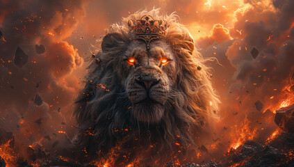 A majestic lion with fiery eyes, standing amidst swirling flames and smoldering rocks, Created with Ai - obrazy, fototapety, plakaty