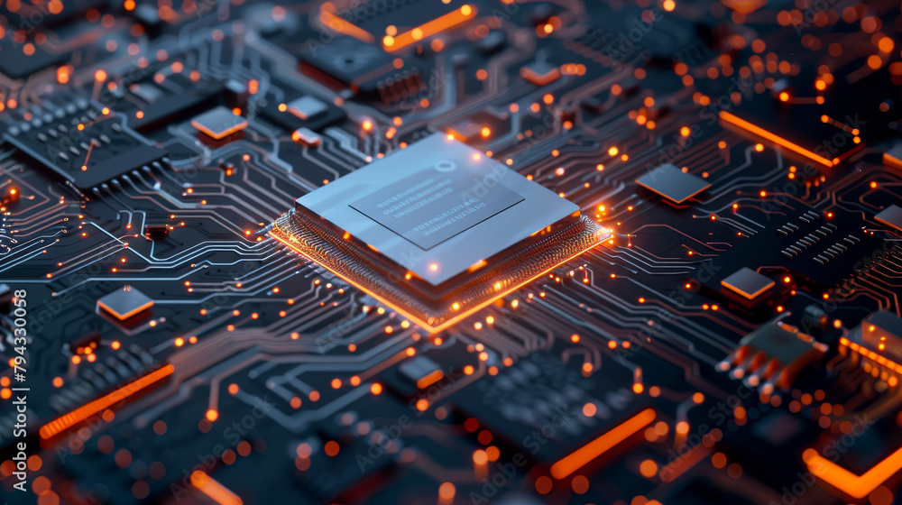 Poster a computer chip is shown in a black and orange color scheme