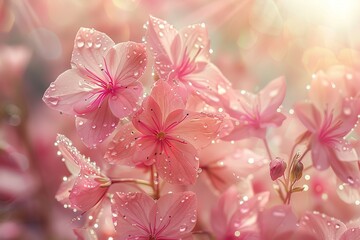Beautiful delicate pink flowers covered with water drops and blooming on a blurred illuminated bokeh background