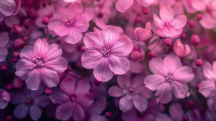 The field of small pink flowers, lesser periwinkle in spring top view. Springtime meadow with purple blossom pattern background 