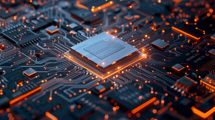 A computer chip is shown in a black and orange color scheme