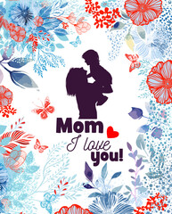 Mom and baby silhouette with flowers. Happy Mothers Day Greeting Card. Not AI. Vector illustration