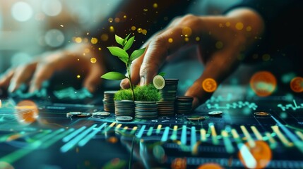 a image featuring a hand grasping stacks of coins, multiplying exponentially, complemented by a growth chart showcasing exponential growth, adorned with a vibrant seedling representing prosperity - obrazy, fototapety, plakaty